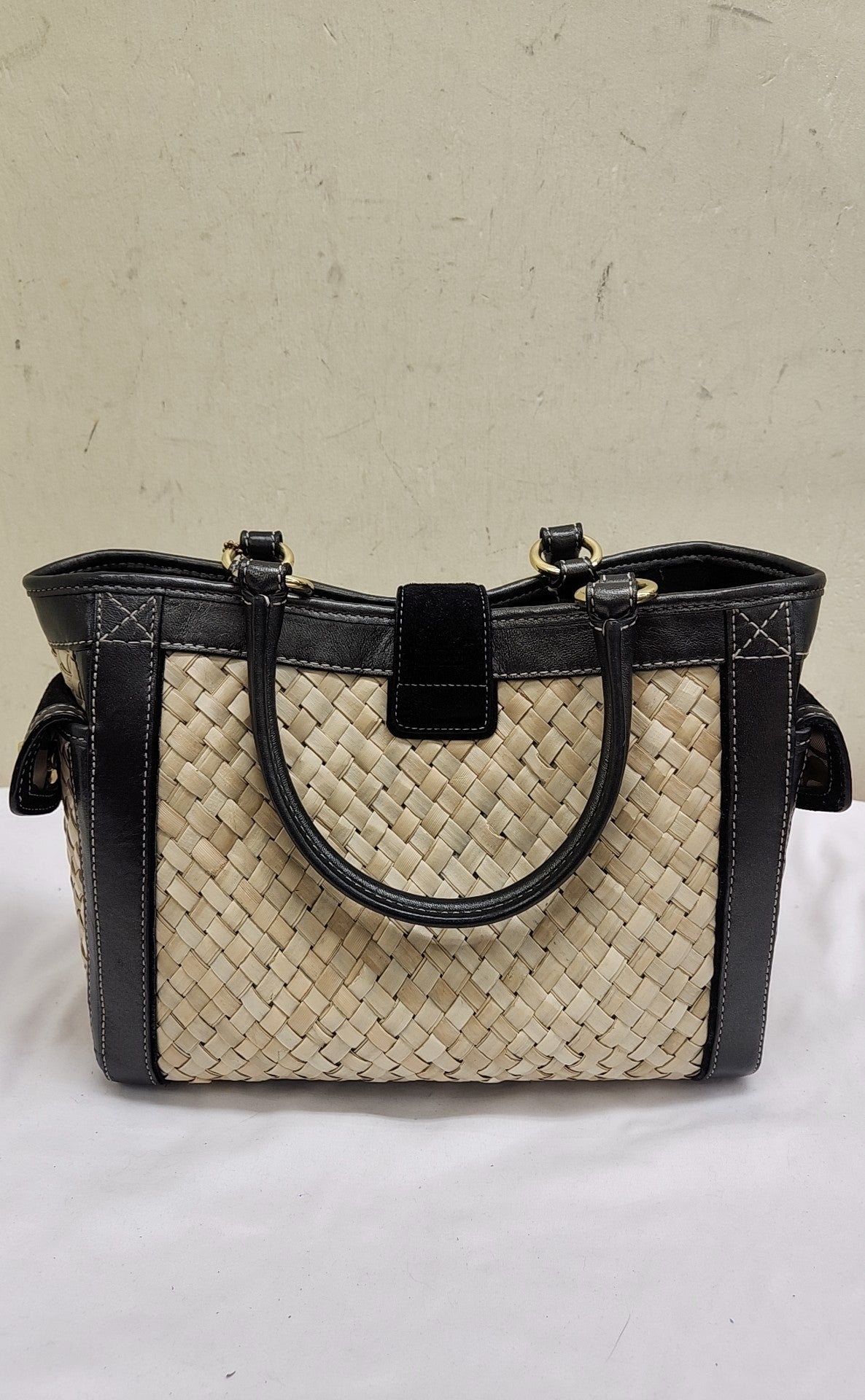 VTG Coach 4419 Tan Straw & Black Leather Trim  Purse Bag AS IS - wear