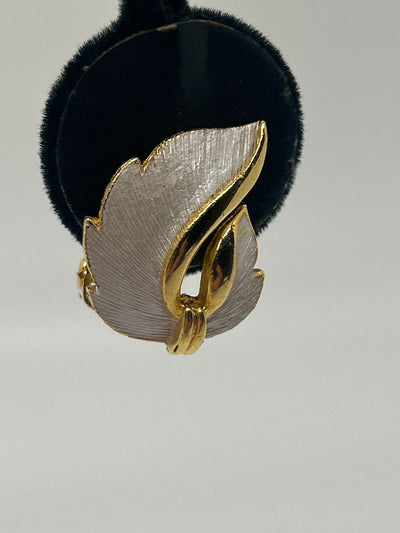 Gold & White/Silver Leaf Clip Vintage Earrings