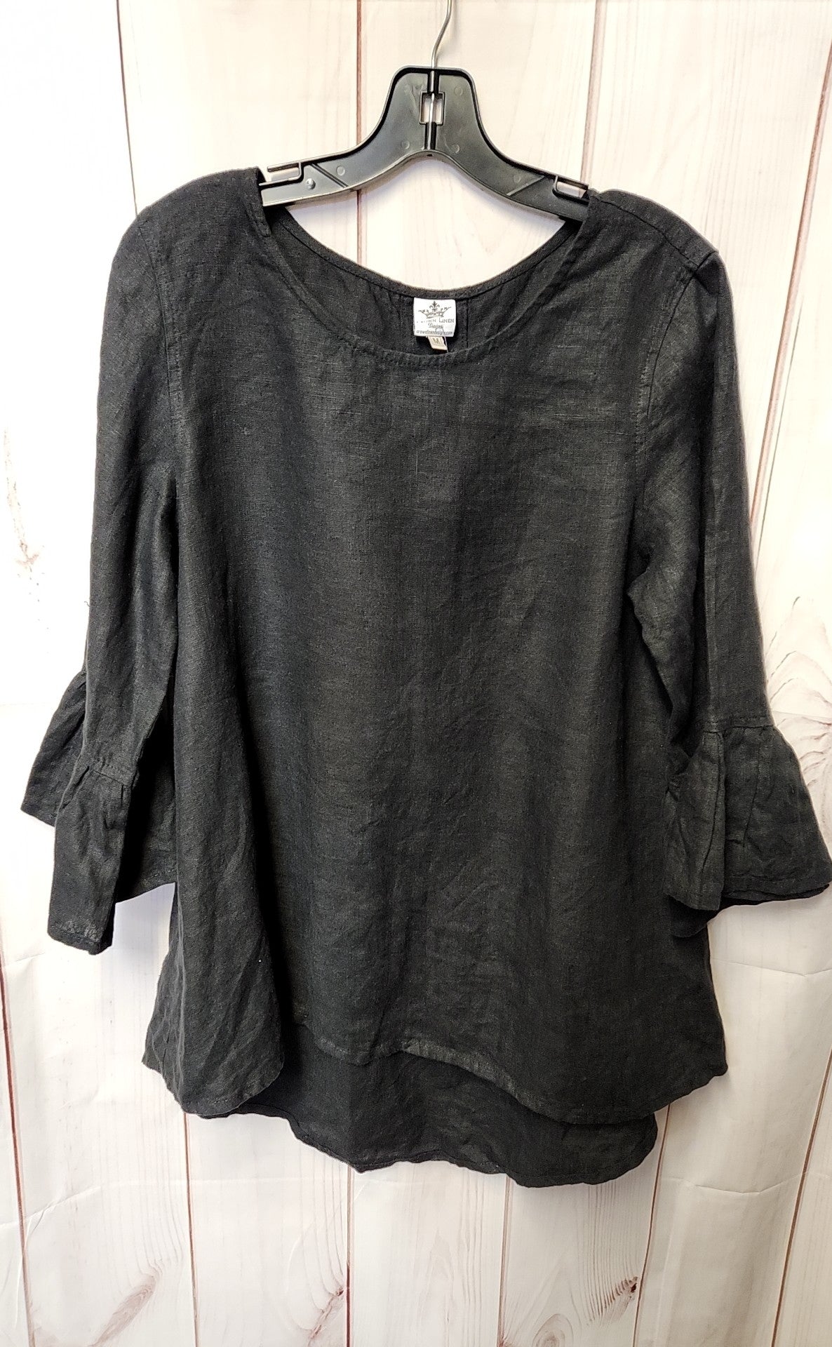 Crown Linen Designs Women's Size M Black Linen Bella Bell Sleeve Top