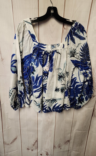 Elie Tahari Women's Size M White & Blue Floral Long Sleeve Top