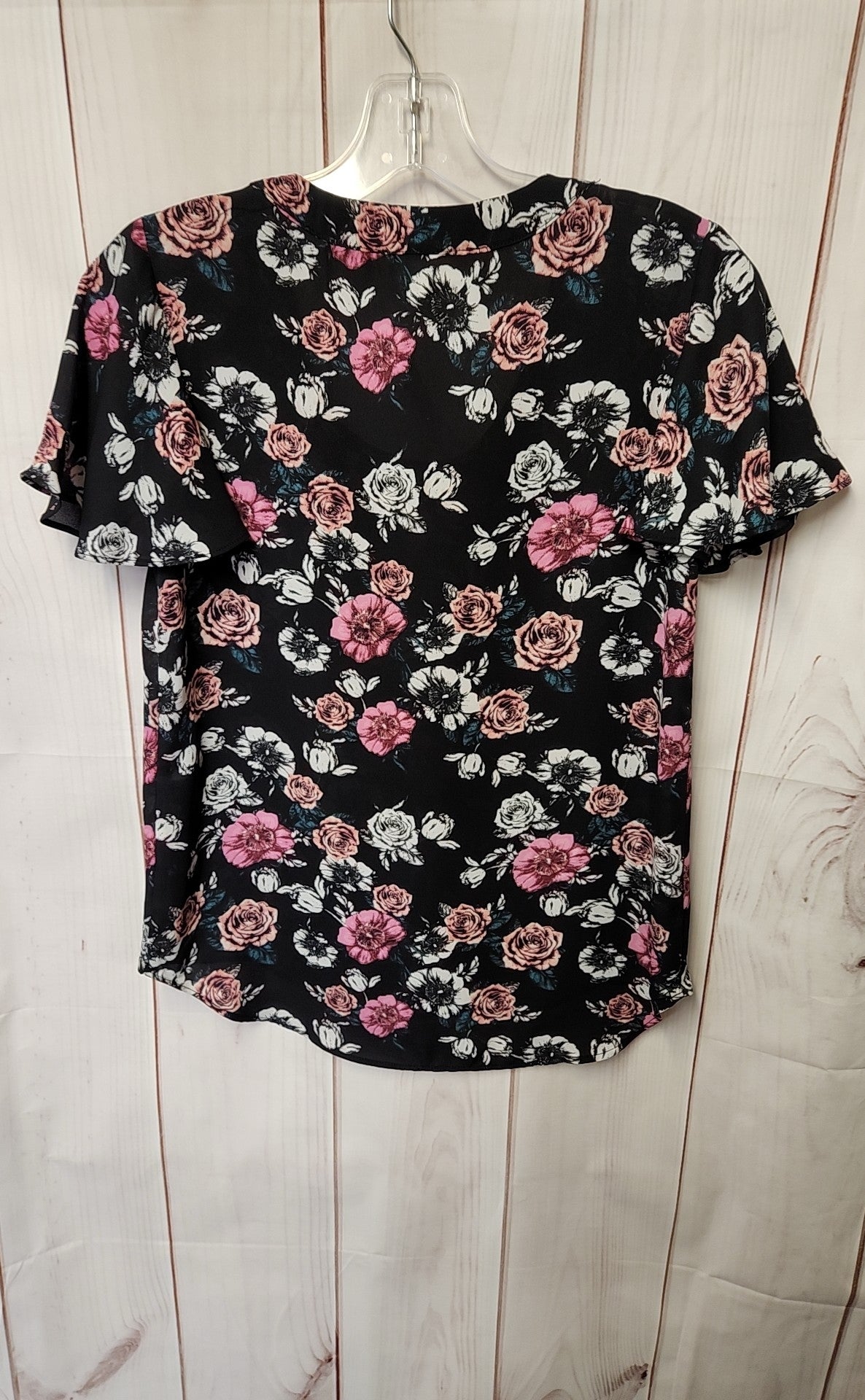 Pink Rose Women's Size XS Black Floral Short Sleeve Top