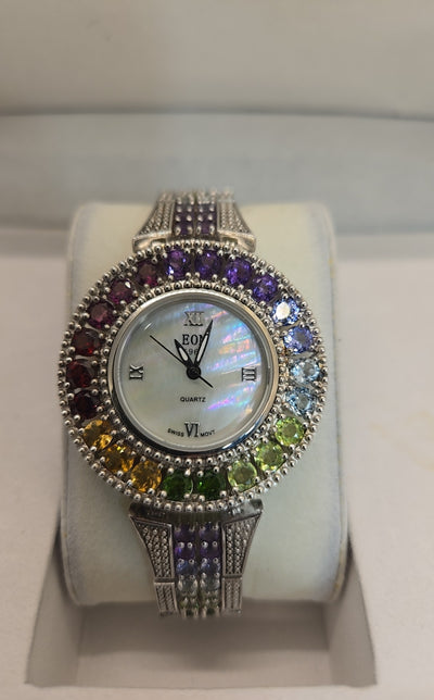 NIB VTG Eon 1962 Swiss Movement M925 Sterling Silver Multi-color Stones Watch