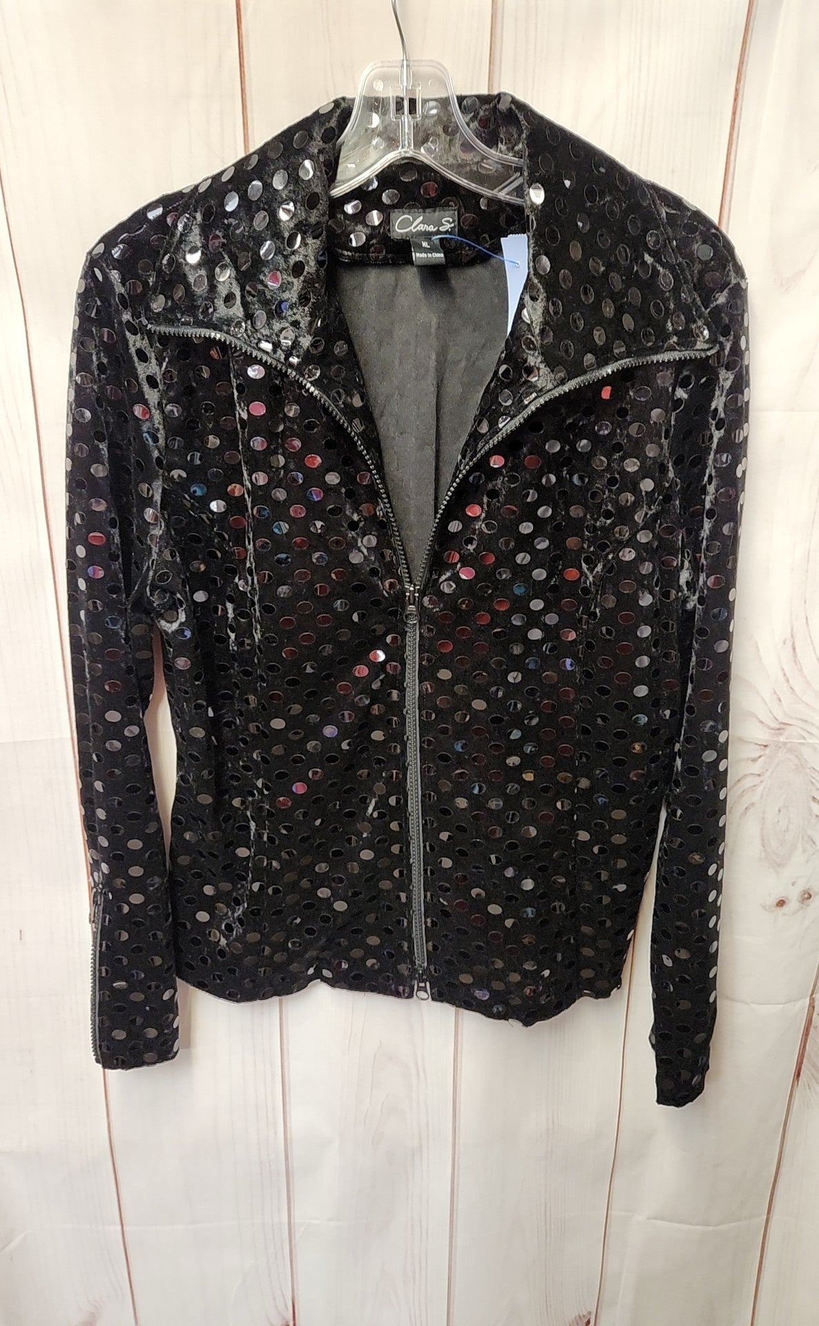 Clara S. Women's Size M Black Sequin Velour Full Zip (Zip Cuff too) Jacket