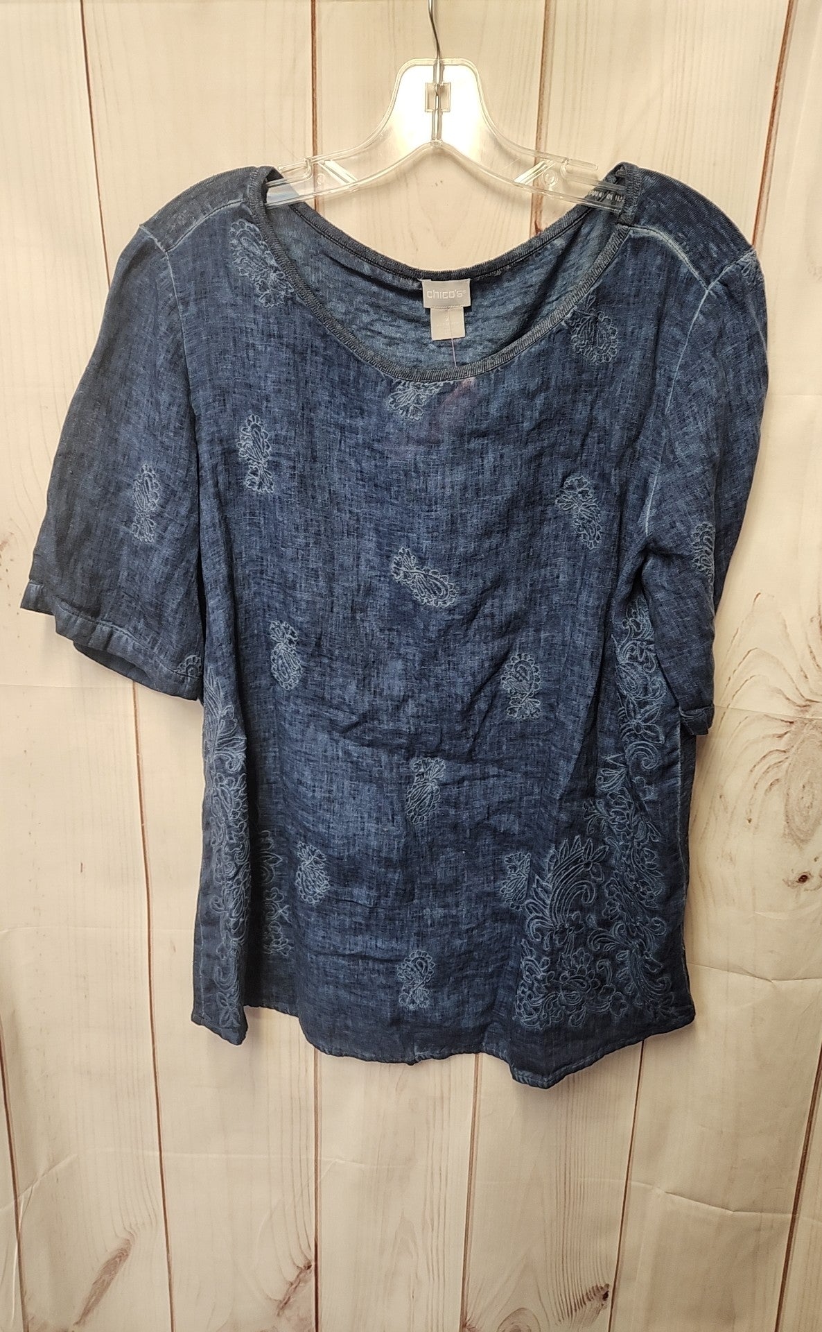 Chico's Women's Size 2 = US L Blue Linen Short Sleeve Top