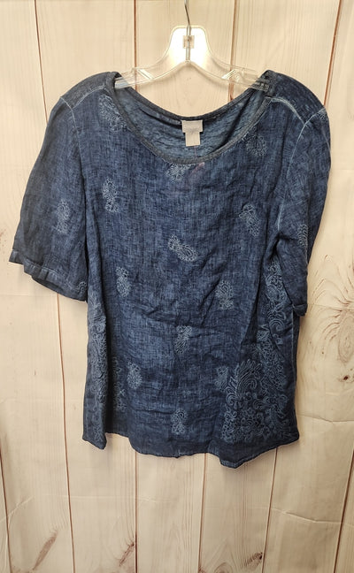 Chico's Women's Size 2 = US L Blue Linen Short Sleeve Top