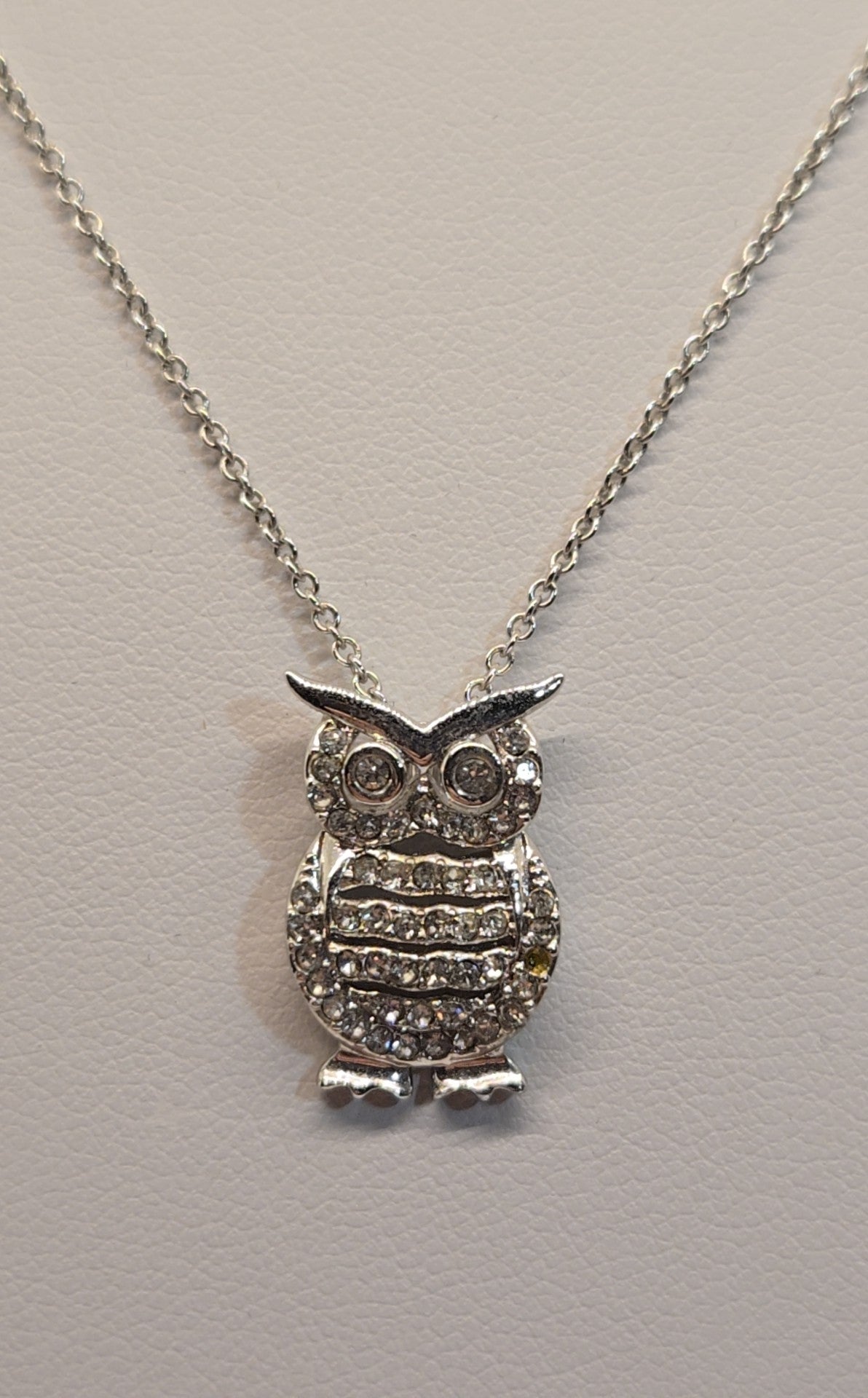 Silver Crystal Rhinestone Owl Necklace 17"