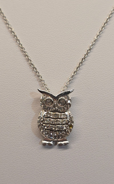 Silver Crystal Rhinestone Owl Necklace 17"
