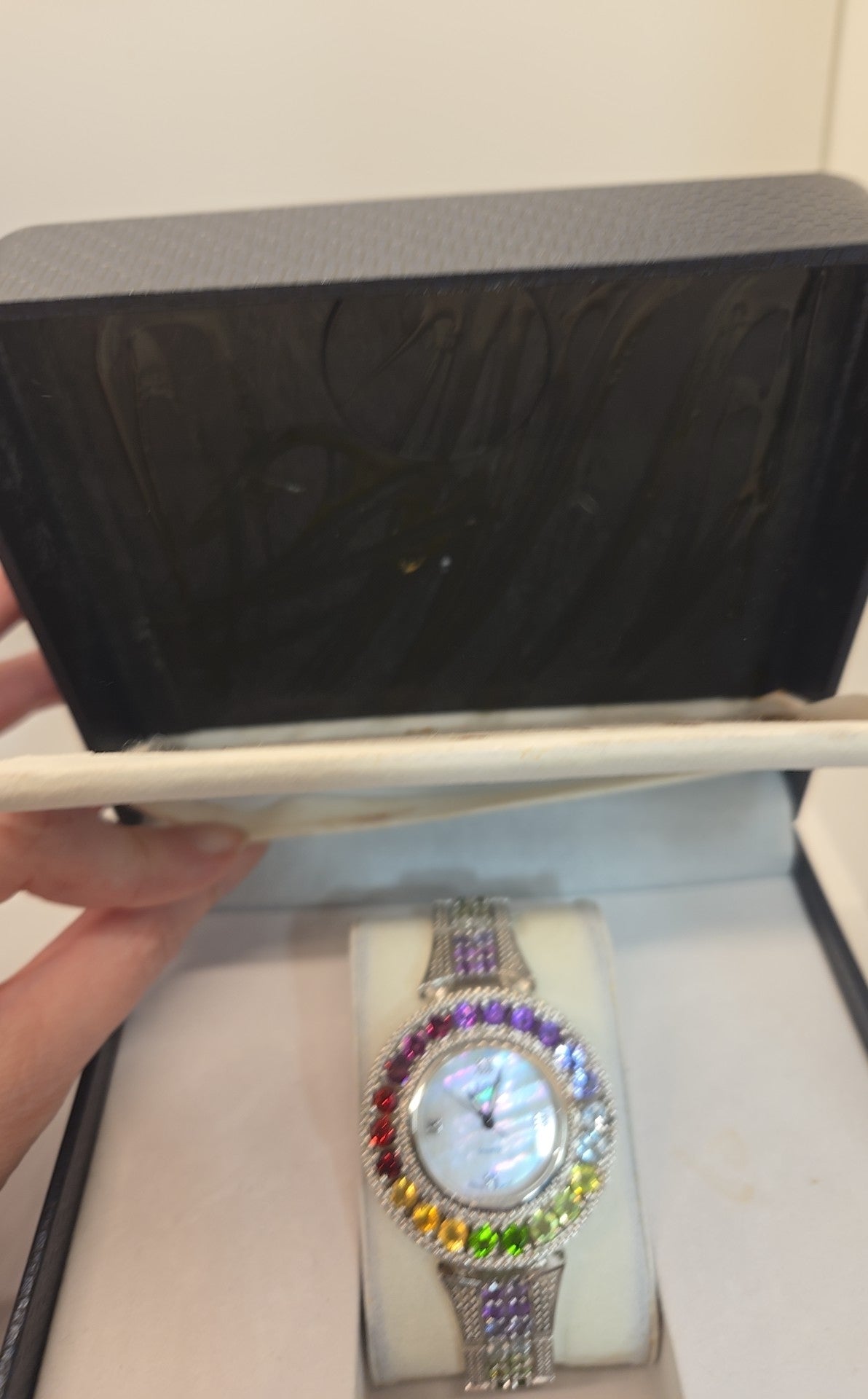 NIB VTG Eon 1962 Swiss Movement M925 Sterling Silver Multi-color Stones Watch