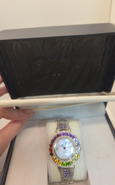 NIB VTG Eon 1962 Swiss Movement M925 Sterling Silver Multi-color Stones Watch