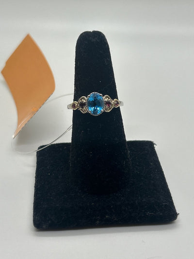 Ring Size 10 Blue Topaz & Red Ruby .925 Sterling Silver Ring