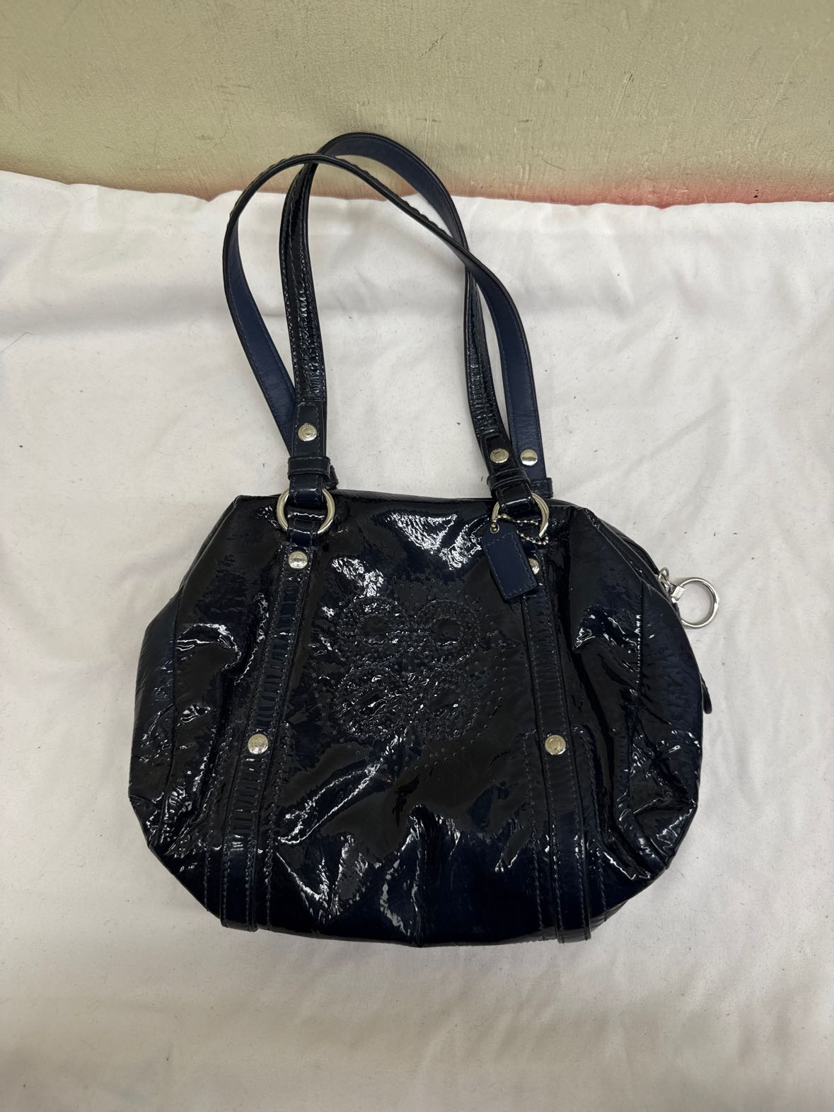 Coach Audrey Navy Leather Patent Logo Small Satchel Bag Purse 45570