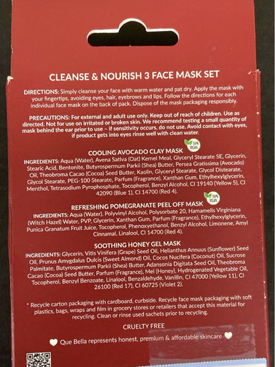 NIB Que Bella Cleanse & Nourish 3 Face Mask Set Cosmetic