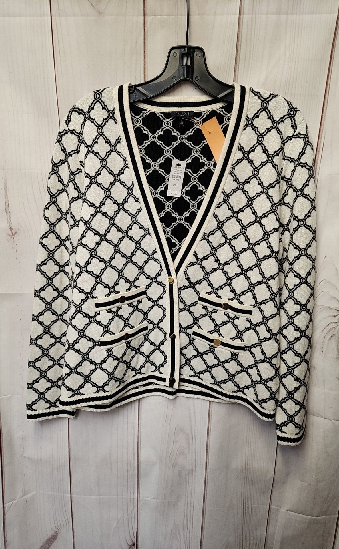 NWT Talbots Women's Size M Petite White & Black Cardigan