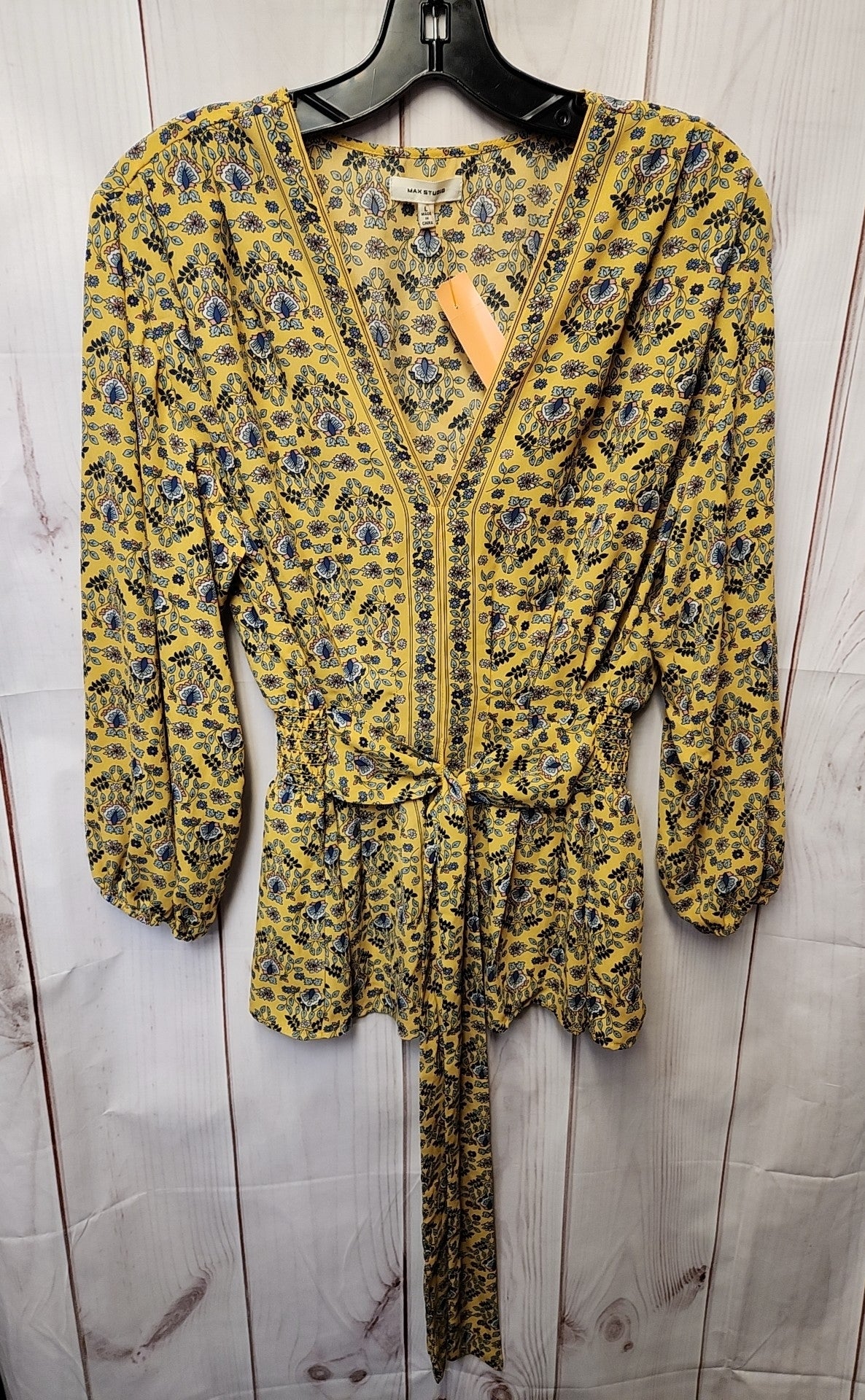 Max Studio Women's Size L Yellow Floral 3/4 Sleeve Top