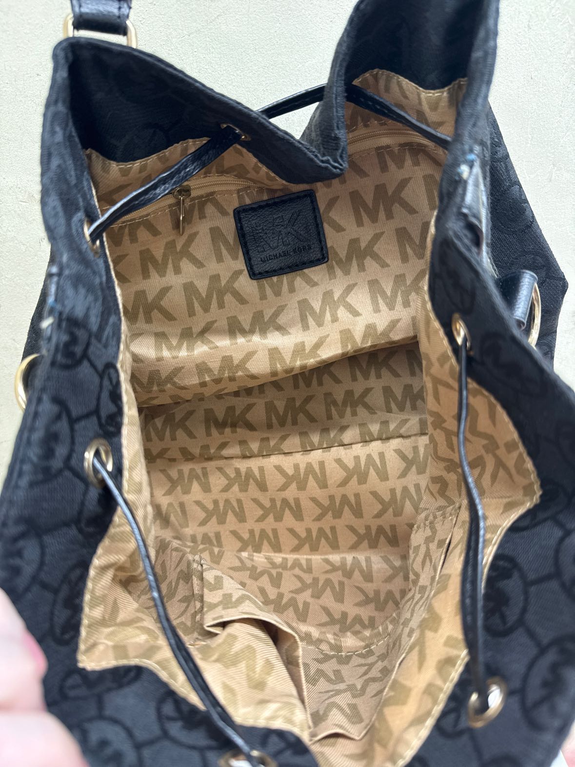 Michael Kors Signature Logo Black Drawstring Canvas Purse Bag