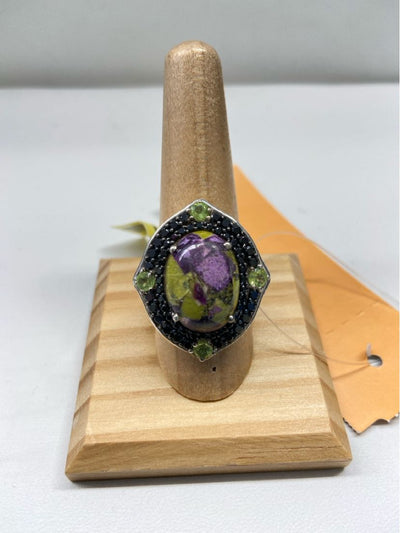 .925 Sterling Silver Size 9 Purple/Green Stones Ring