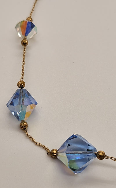 Vintage Gold with Blue & Clear Crystal Necklace - Approx 19"