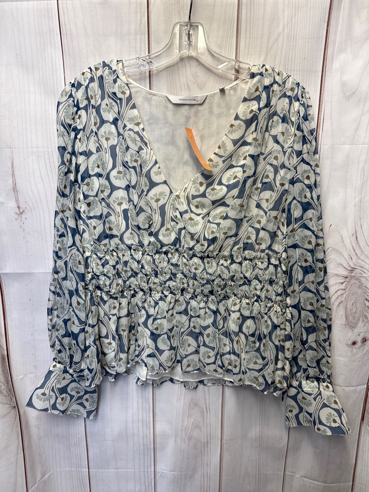 Rebecca Taylor Women's Size 12 White & Blue Floral Long Sleeve Top