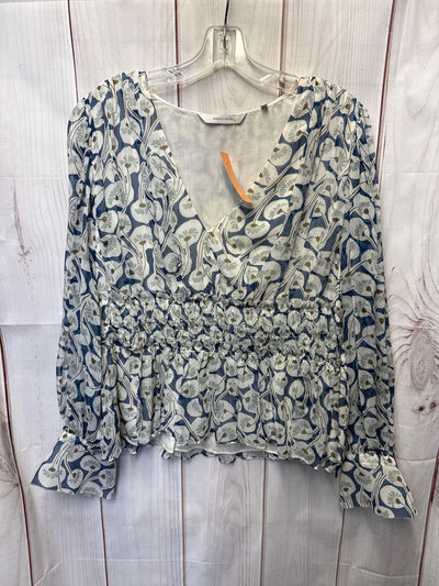 Rebecca Taylor Women's Size 12 White & Blue Floral Long Sleeve Top