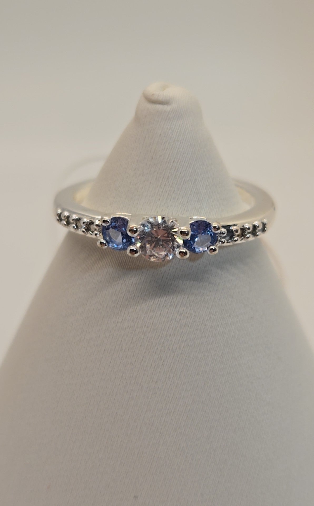 Blue & Clear Stones Size 6 silver Ring