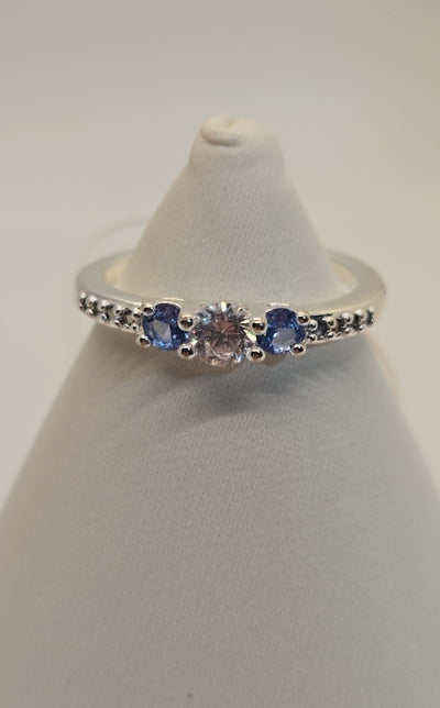 Blue & Clear Stones Size 6 silver Ring