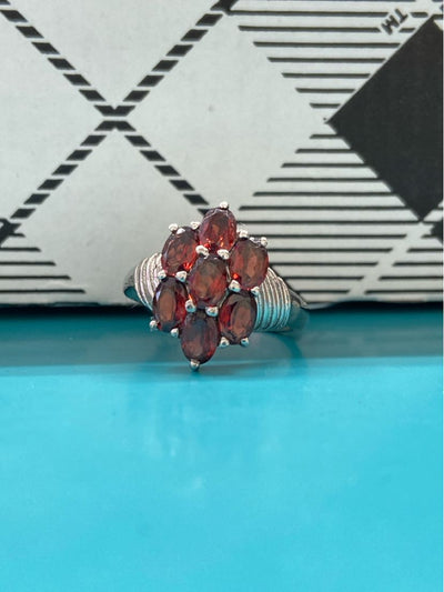 .925 Sterling Silver Size 9 Red Stones Ring
