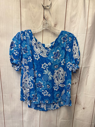 Nicole Miller Women's Size M Blue Floral Short Sleeve Top