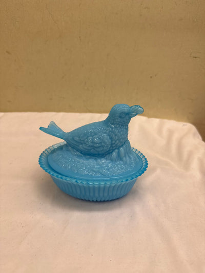 Opaque Blue Glass Nested Bird Candy Dish