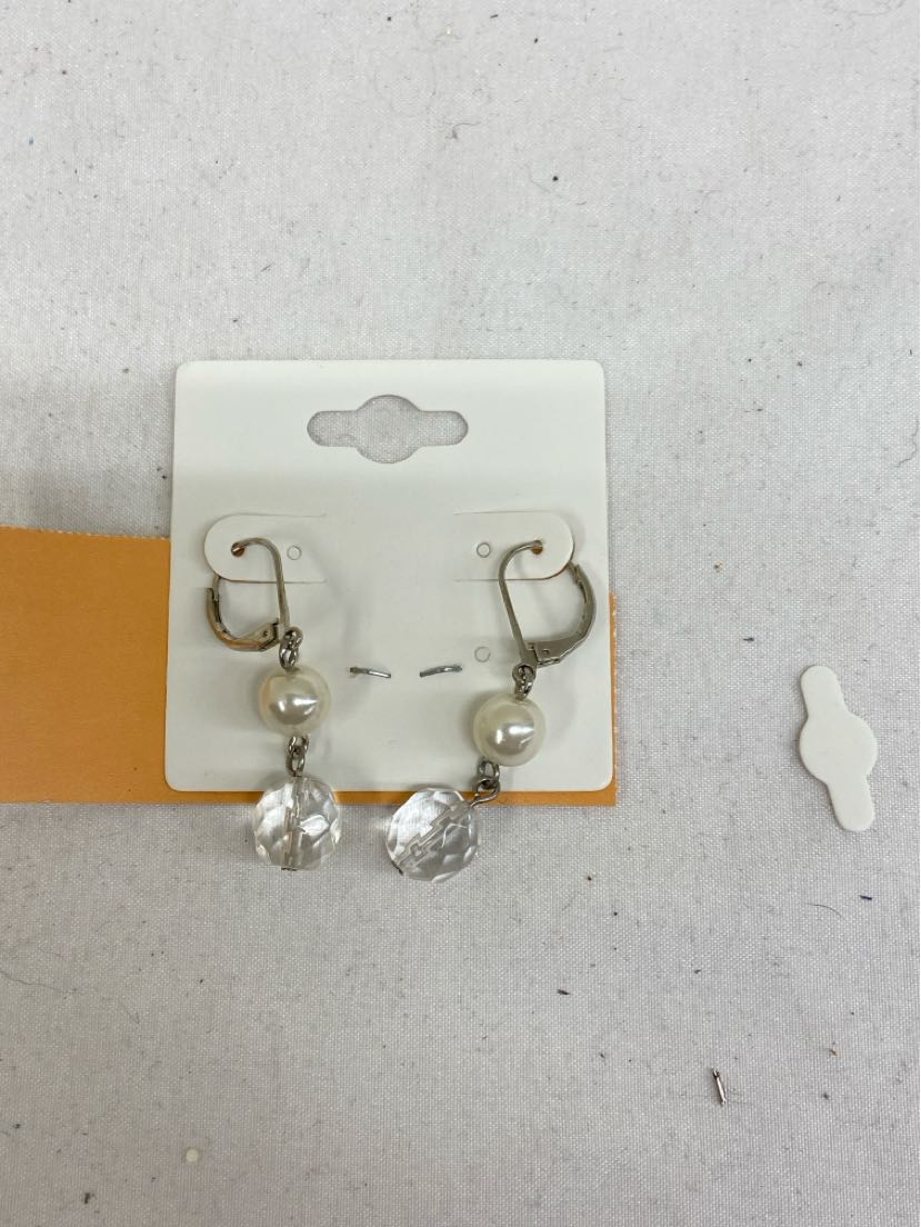Clear Crystal & White Beaded Silver Earrings