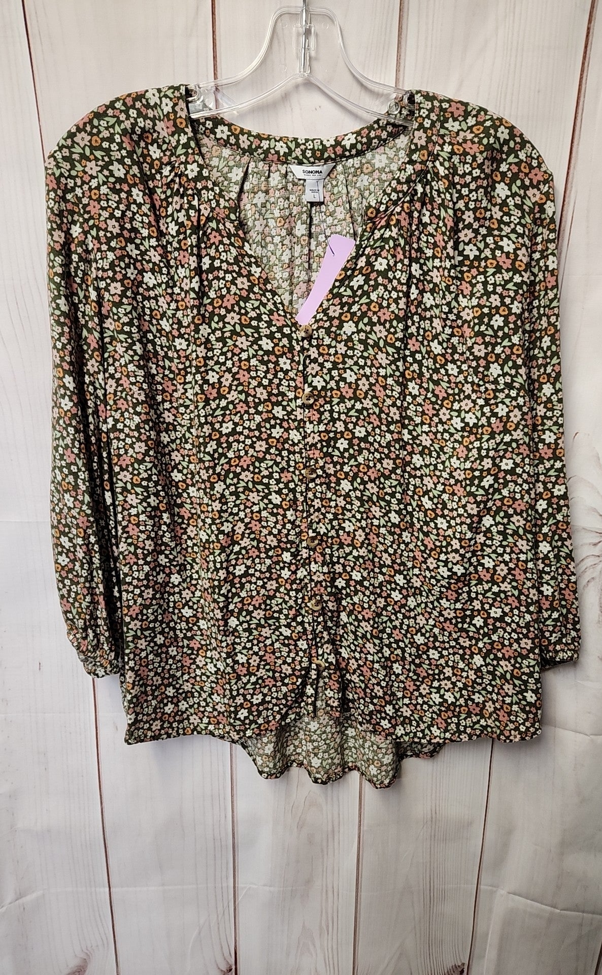 Sonoma Women's Size L Green Floral 3/4 Sleeve Top