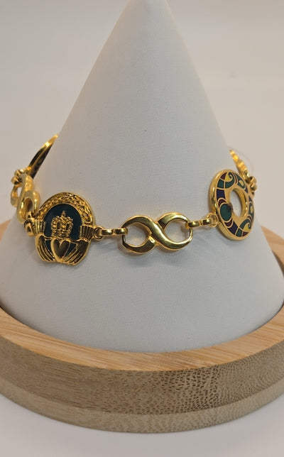 Claddagh Irish Green & Gold 7-1/2" Bracelet