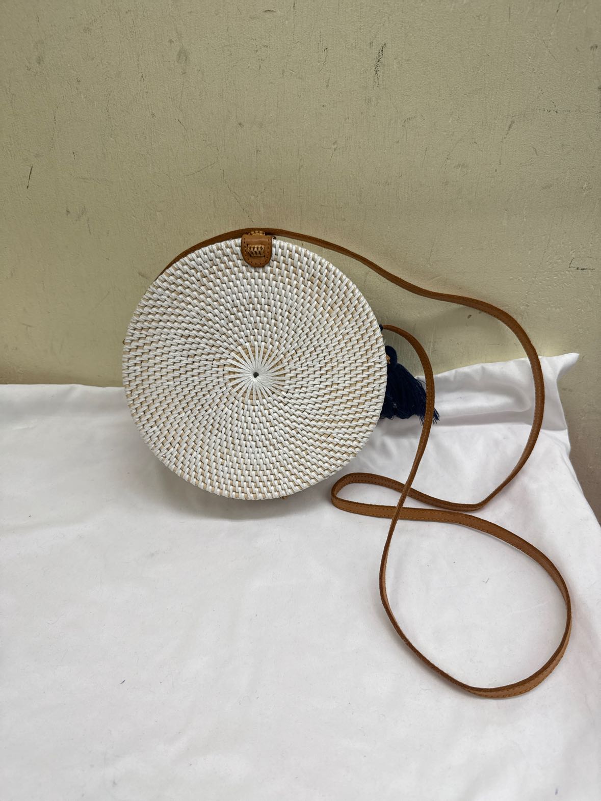 Tan & White Round Purse Bag