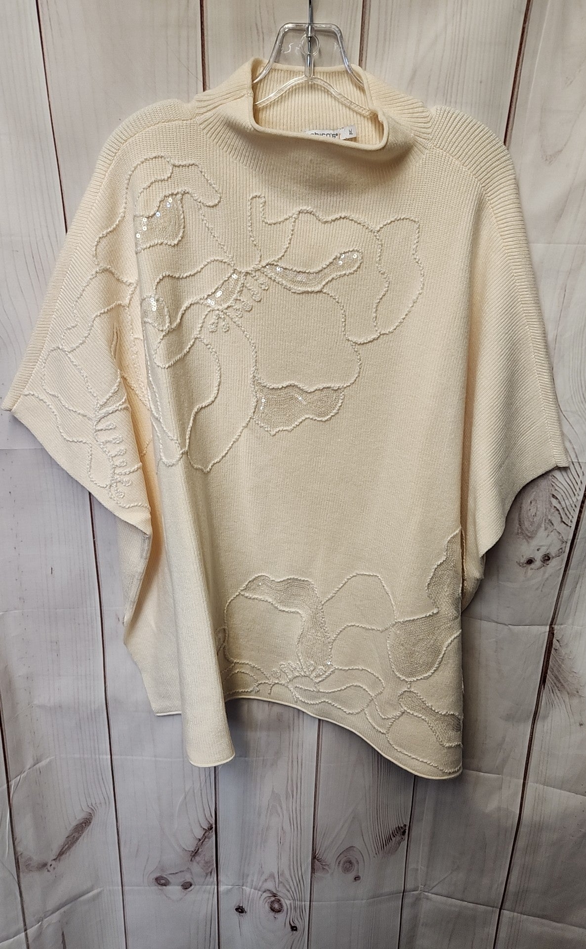 Chico's Women's Size L/XL Cream Sequined Floral Poncho