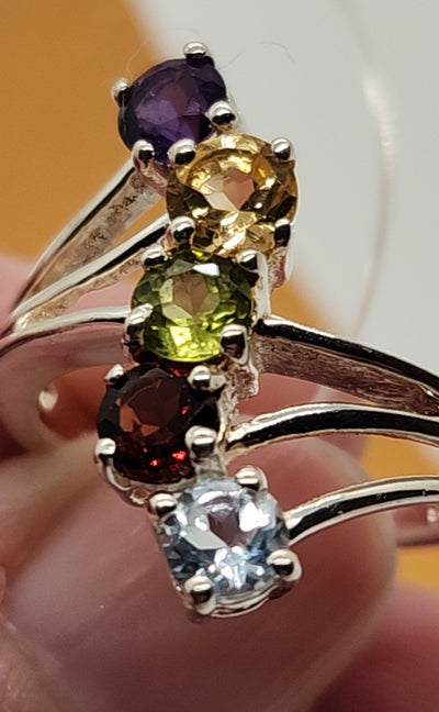 Ring Size 5 Blue, Red, Gree, Yellow, Purple Stone .925 Sterling Silver Ring
