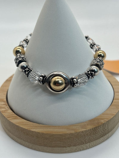 EK Designs Silver & Gold .925 Sterling Silver 7" Bracelet Crystals Basket