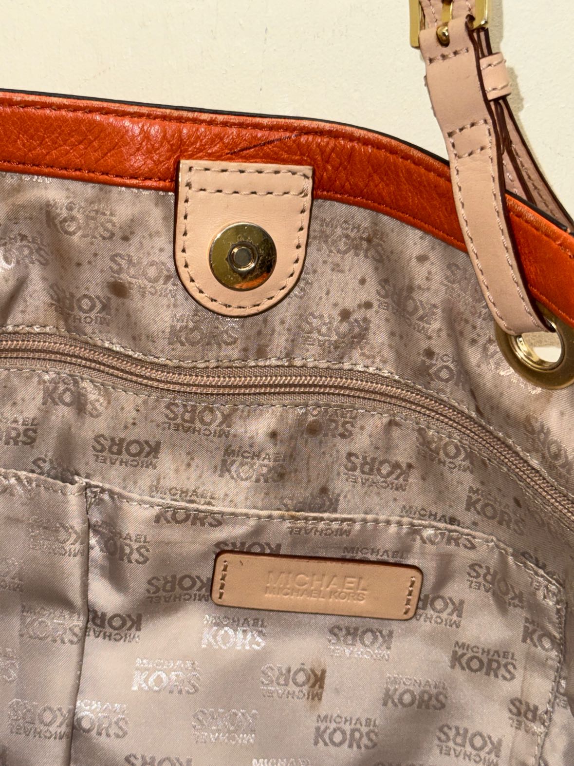 Michael Kors Orange Leather Tote Bag AS IS - wear on corners & marks inside