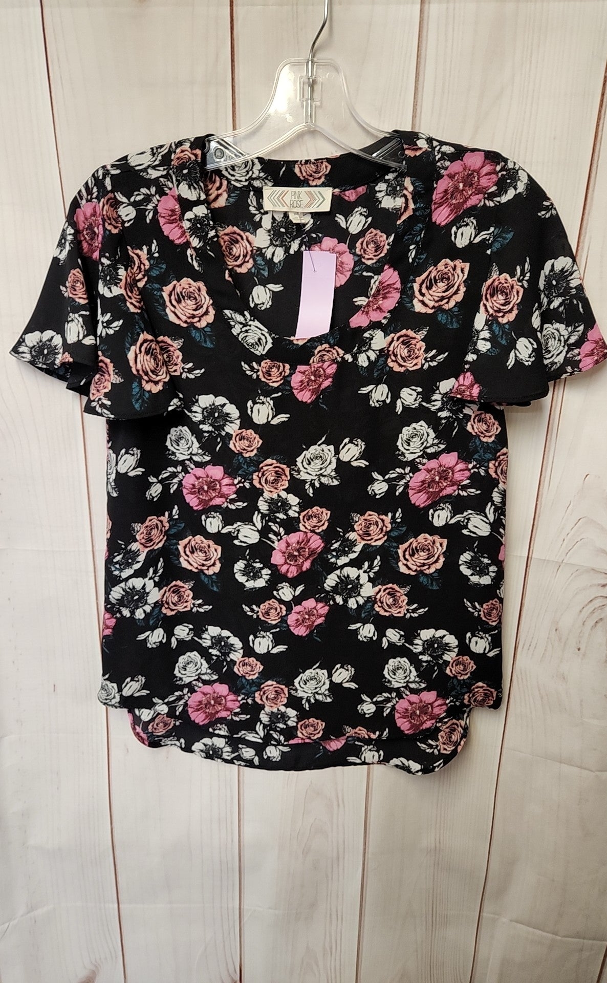 Pink Rose Women's Size XS Black Floral Short Sleeve Top