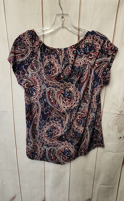 Roz & Ali Women's Size M Petite Blue & Pink Short Sleeve Top
