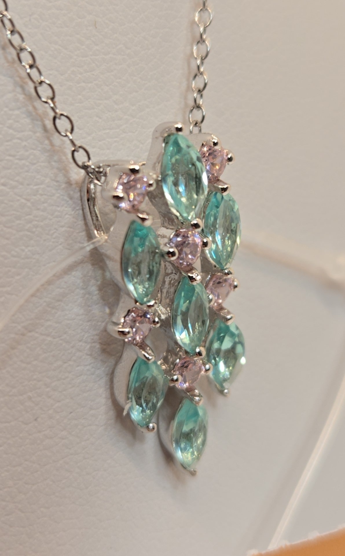 .925 Sterling Silver Pink & Green Stones Necklace