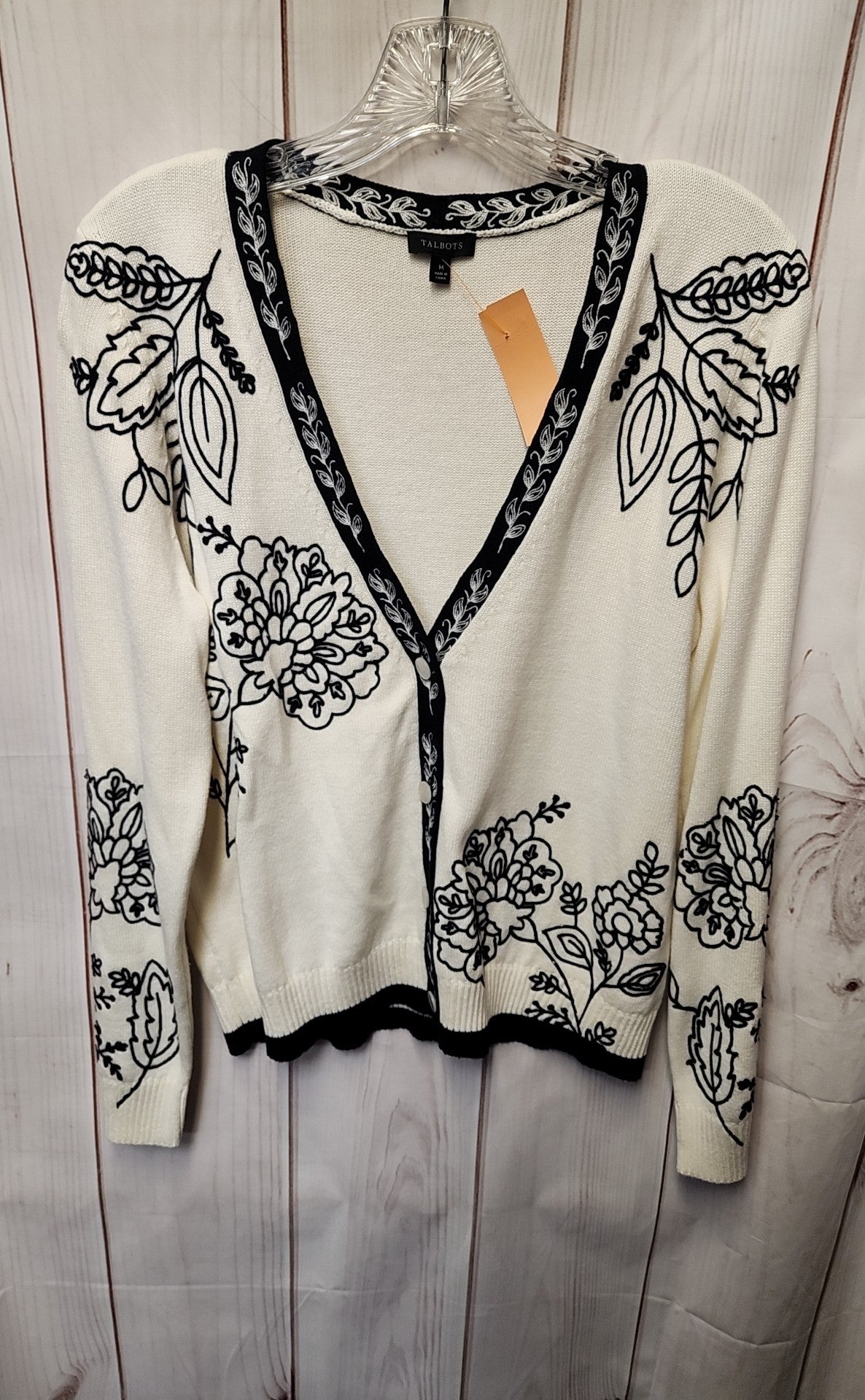 Talbots Women's Size M White & Black Floral Cardigan