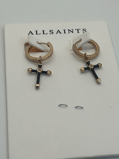All Saints Gold & Black Lyra Cross Hoop Earrings