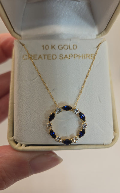 Vintage 10K Gold Created Navy Blue Sapphire 18" Necklace .98 grams