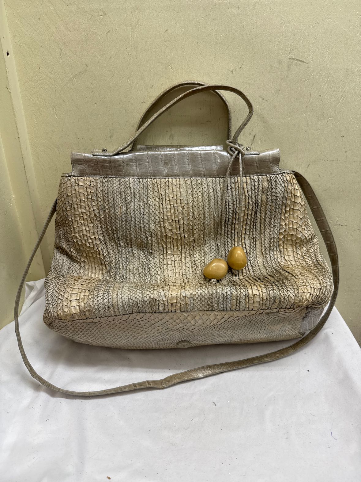 Nancy Gonzalez Geniune Python & Crocodile Skin Tan/Silver Large Purse Bag AS IS