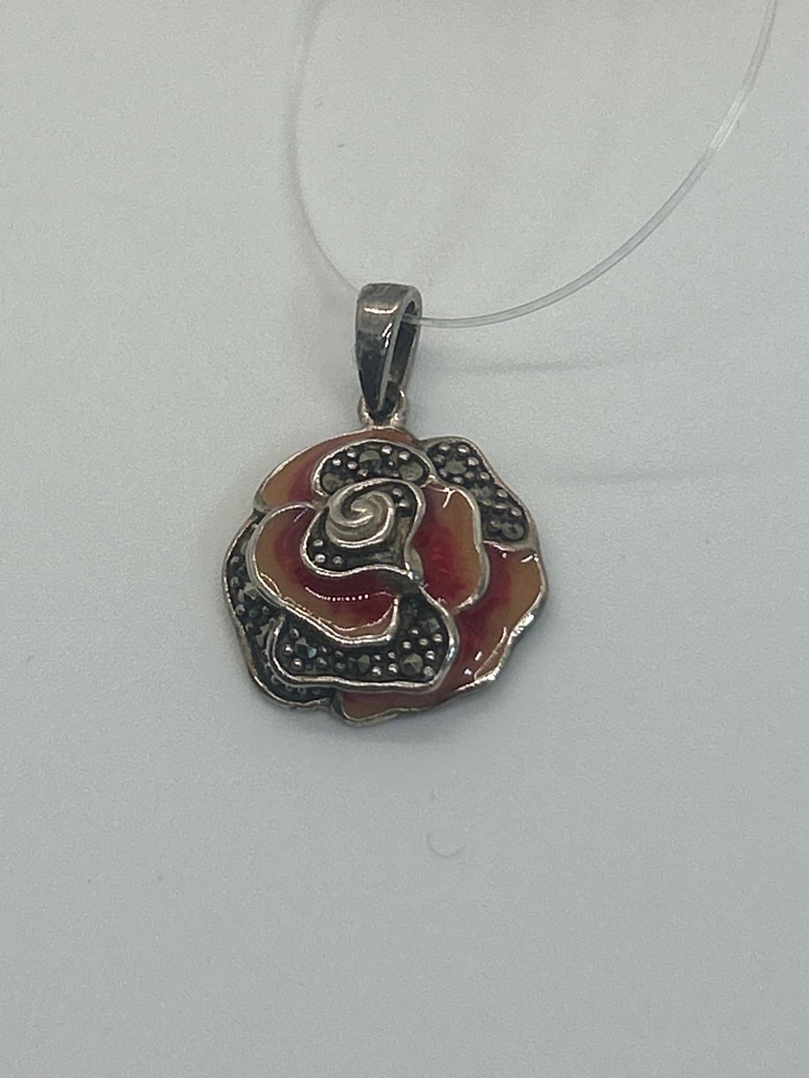 .925 Sterling Silver Marcasite Pink Flower Pendant