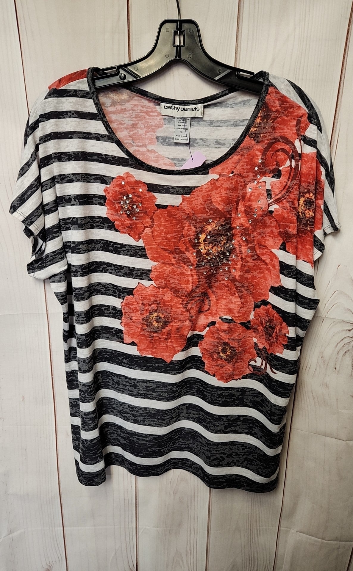 Cathy Daniels Women's Size XL White & Black Floral Short Sleeve Top