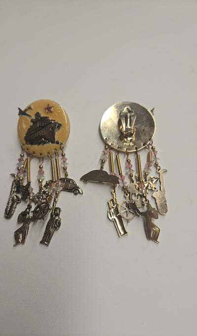 VTG Moulin Rouge Travel Charm Clip On Gold Earrings