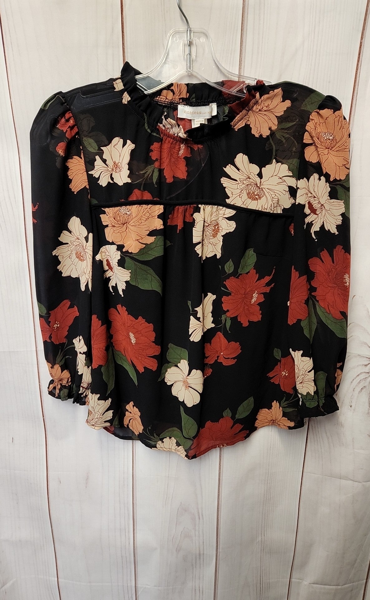 Monteau Women's Size S Black Floral 3/4 Sleeve Top