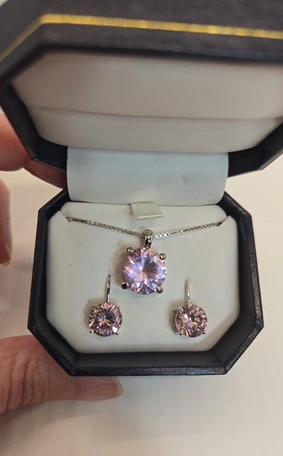 .925 Sterling Silver Italy Pink Stone Necklace & Earrings Jewelry Set