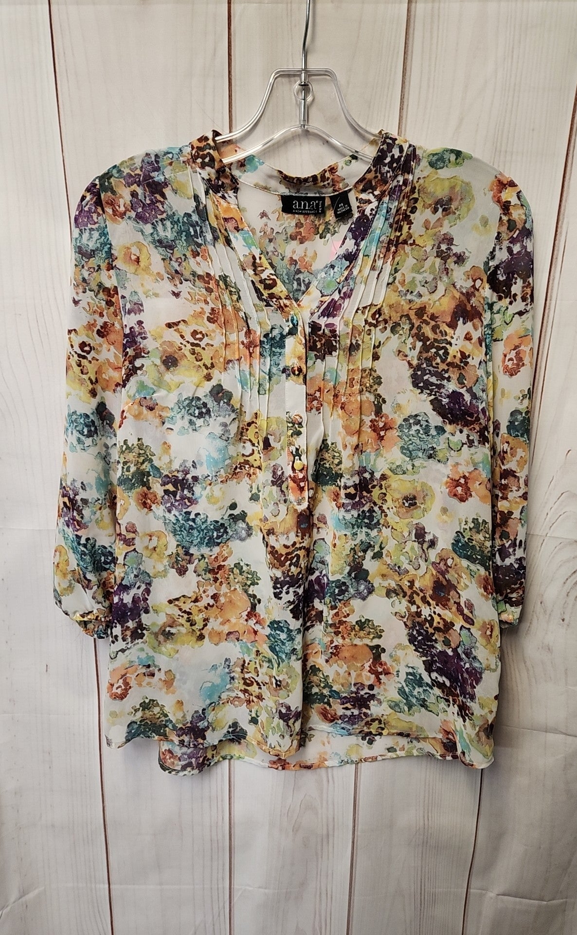 Ana Women's Size S Petite White Floral 3/4 Sleeve Top