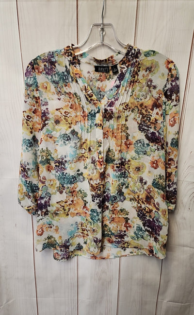 Ana Women's Size S Petite White Floral 3/4 Sleeve Top